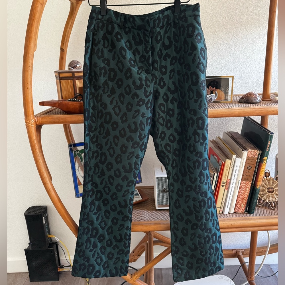Anine Bing Green Leopard Print Jacquard Pants S